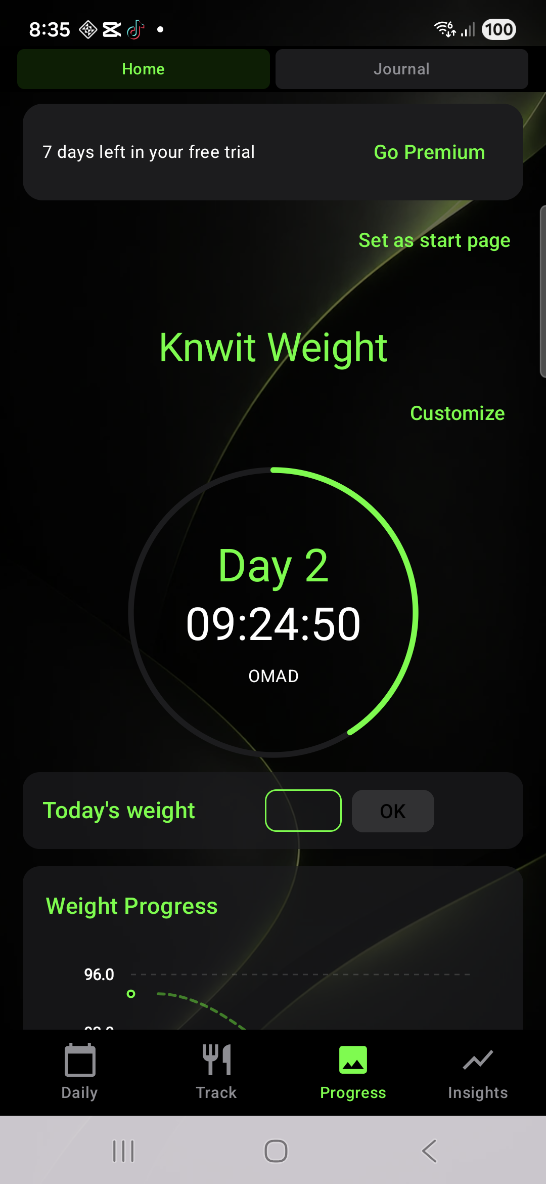 Knwit Weight progress workspace with fasting timer and weight graph