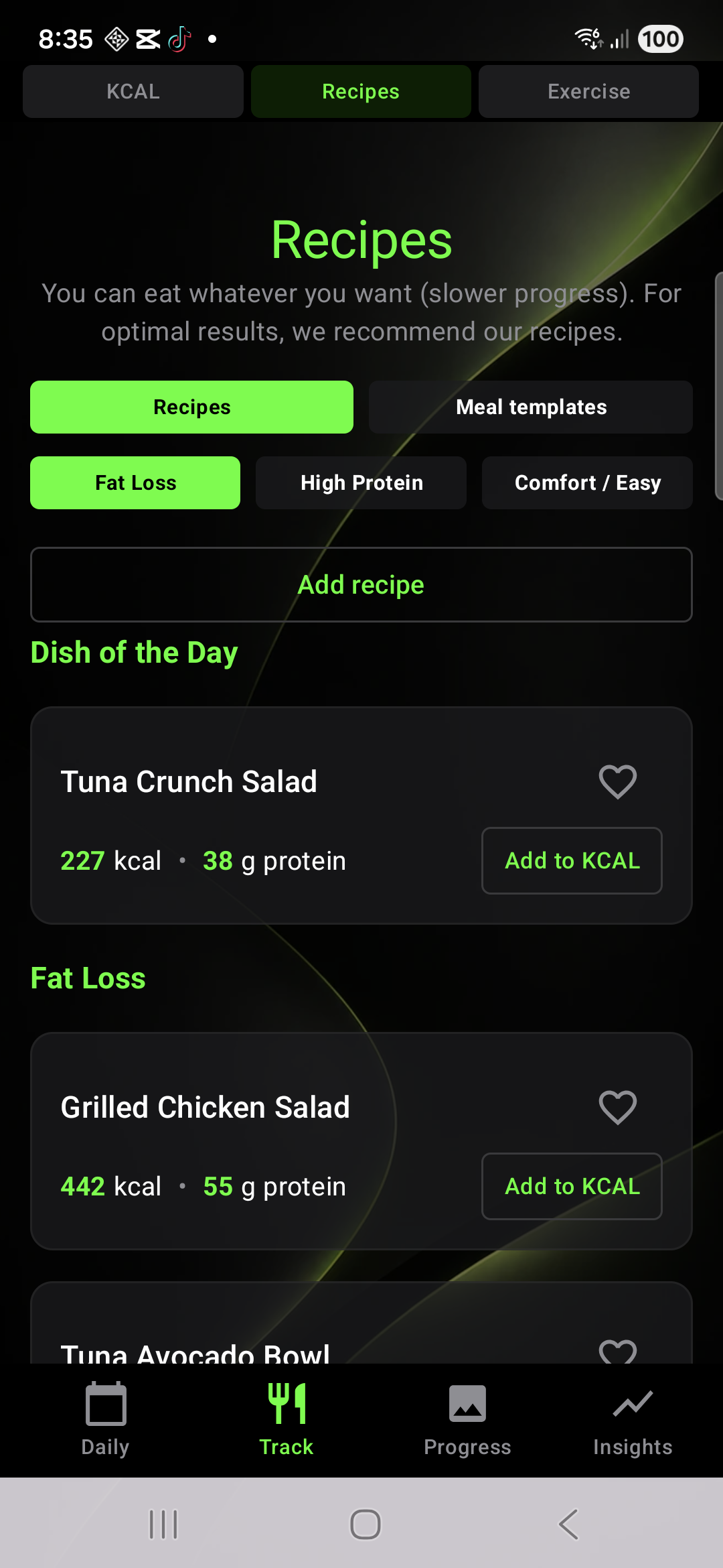 Knwit Weight recipes screen with meal ideas and calories