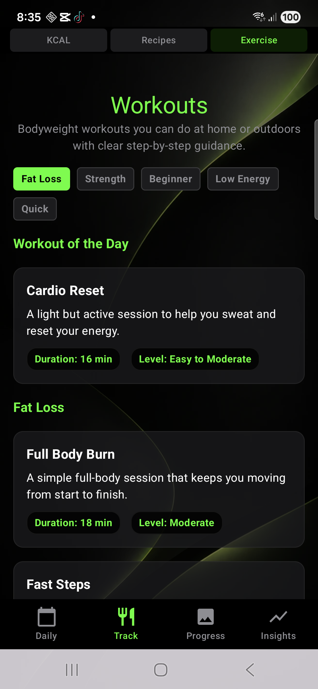 Knwit Weight workouts screen with bodyweight routines