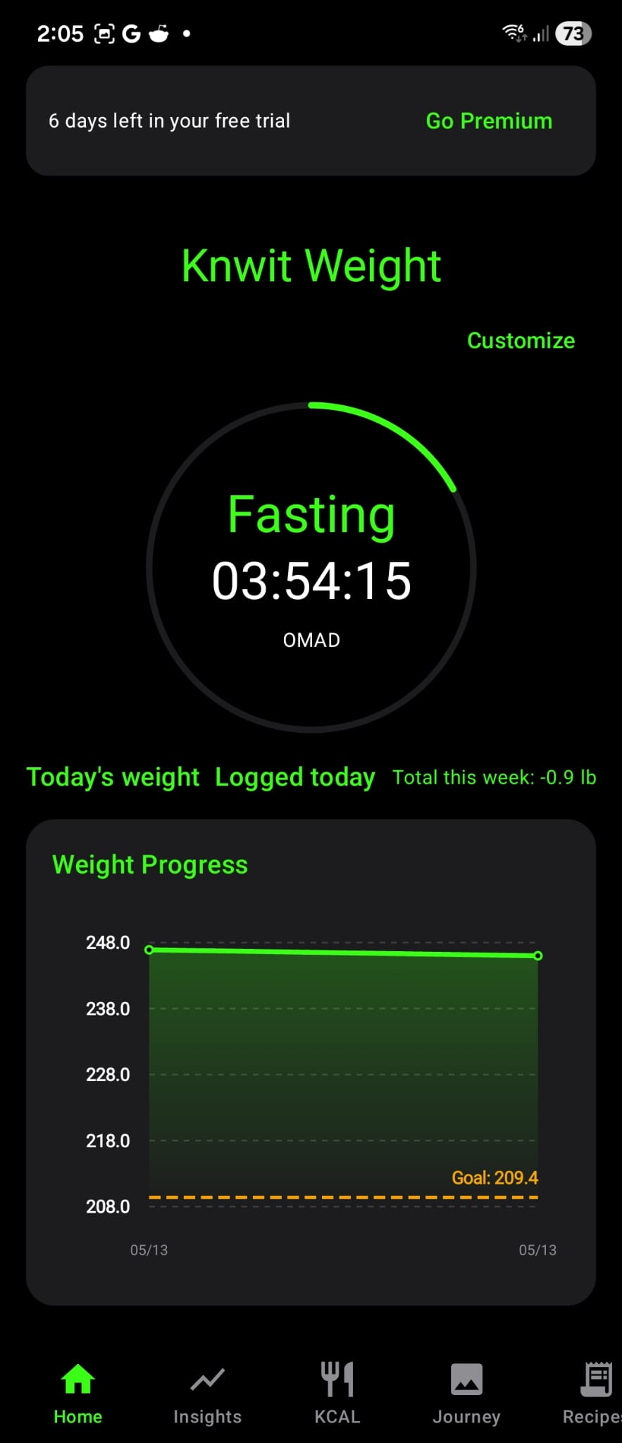 Knwit Weight customized home screen with fasting timer and weight graph
