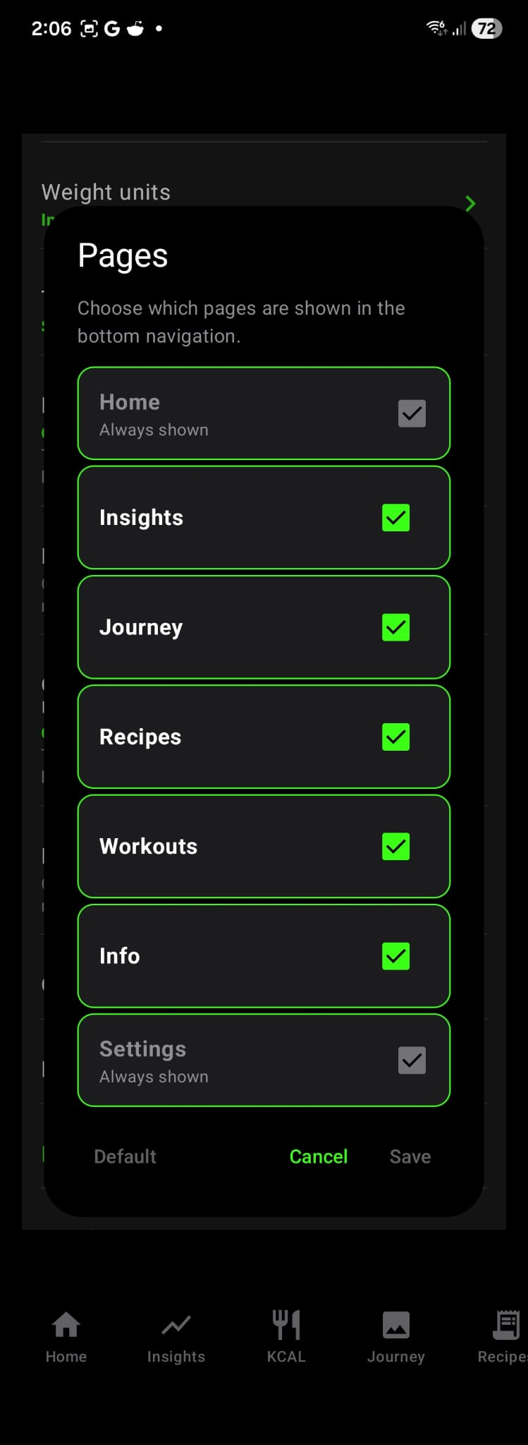 Knwit Weight navigation customization screen