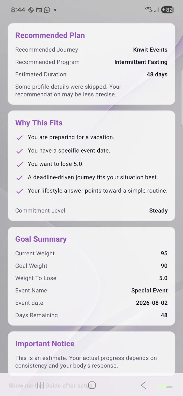 Knwit Help Me Choose result recommending Knwit Events and Intermittent Fasting