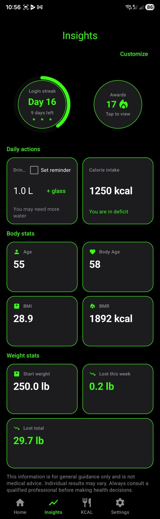 Knwit Weight default home screen with fasting timer