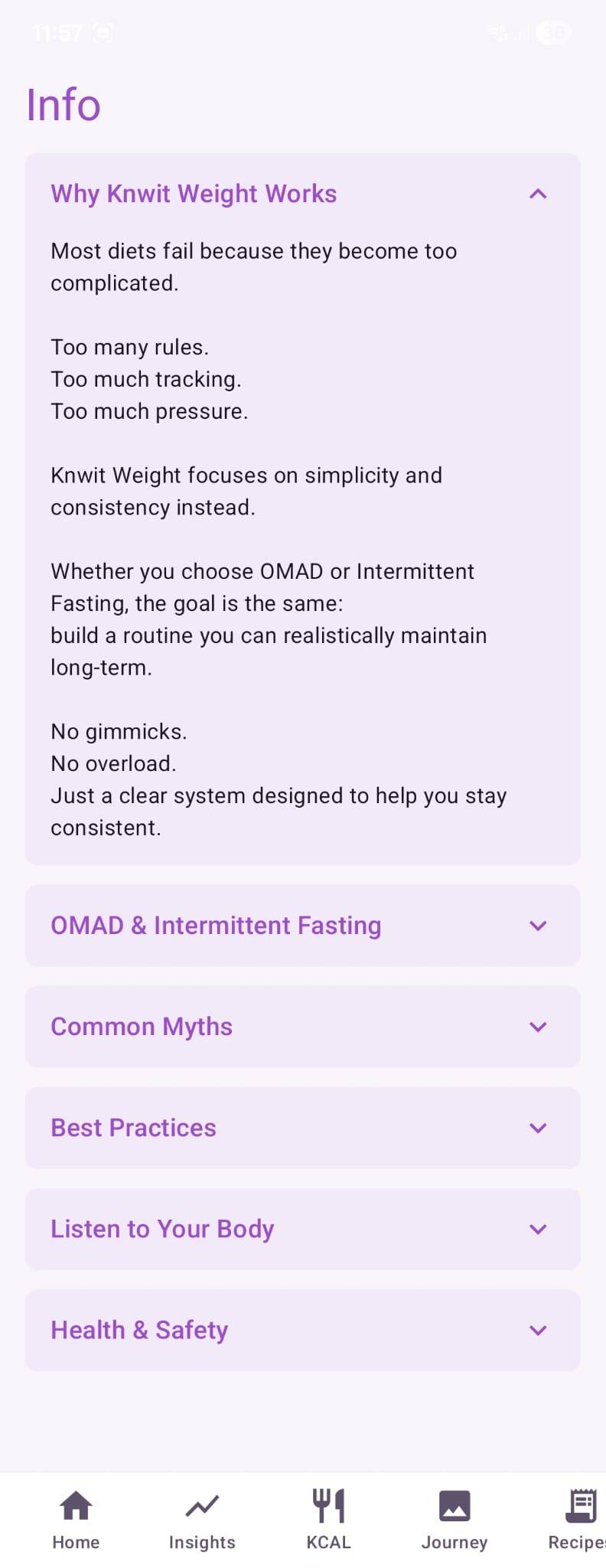Knwit Weight philosophy and info screen in light mode
