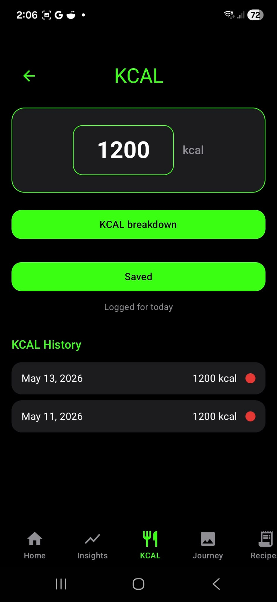 Knwit Weight calorie tracking screen with kcal history