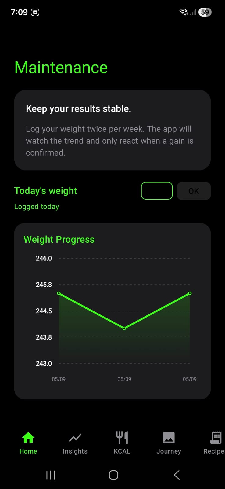 Knwit Weight maintenance screen with a trend-based weight progress chart