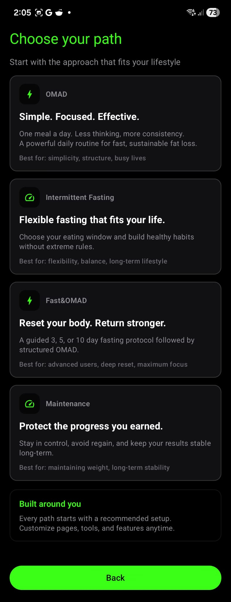 Knwit Weight onboarding screen to choose between OMAD, intermittent fasting, fast and OMAD, and maintenance
