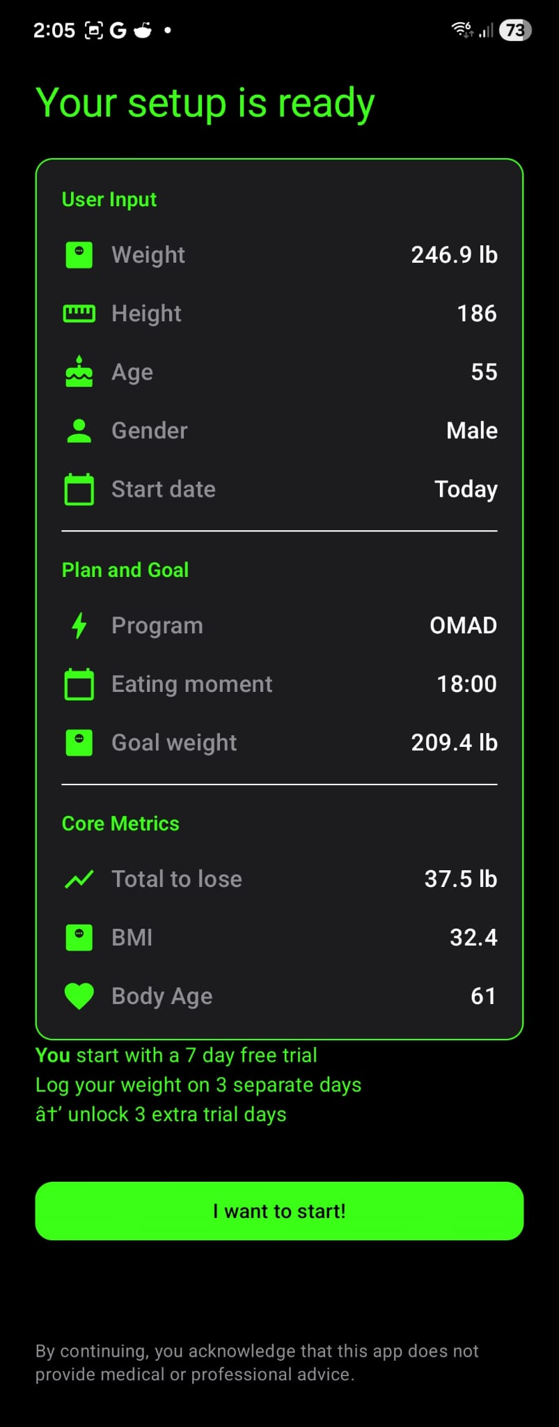 Knwit Weight onboarding setup ready screen with user input and plan summary