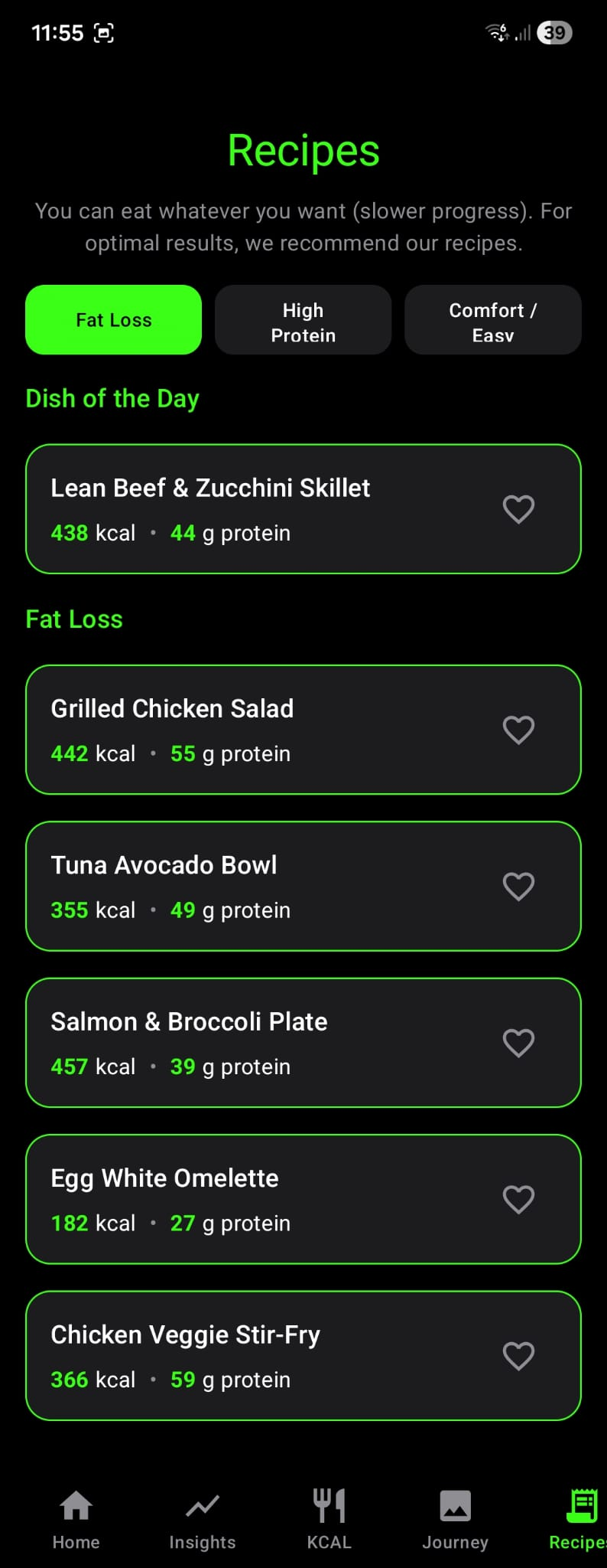 Knwit Weight recipes screen with meal ideas and calories