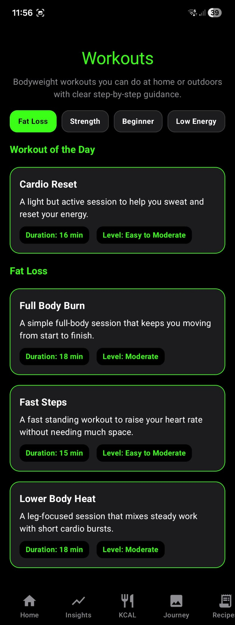 Knwit Weight workouts screen with bodyweight routines